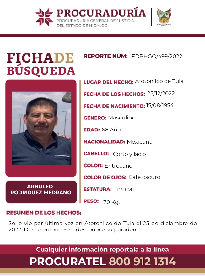 Se busca a Arnulfo Rodríguez; desapareció en Atotonilco de Tula